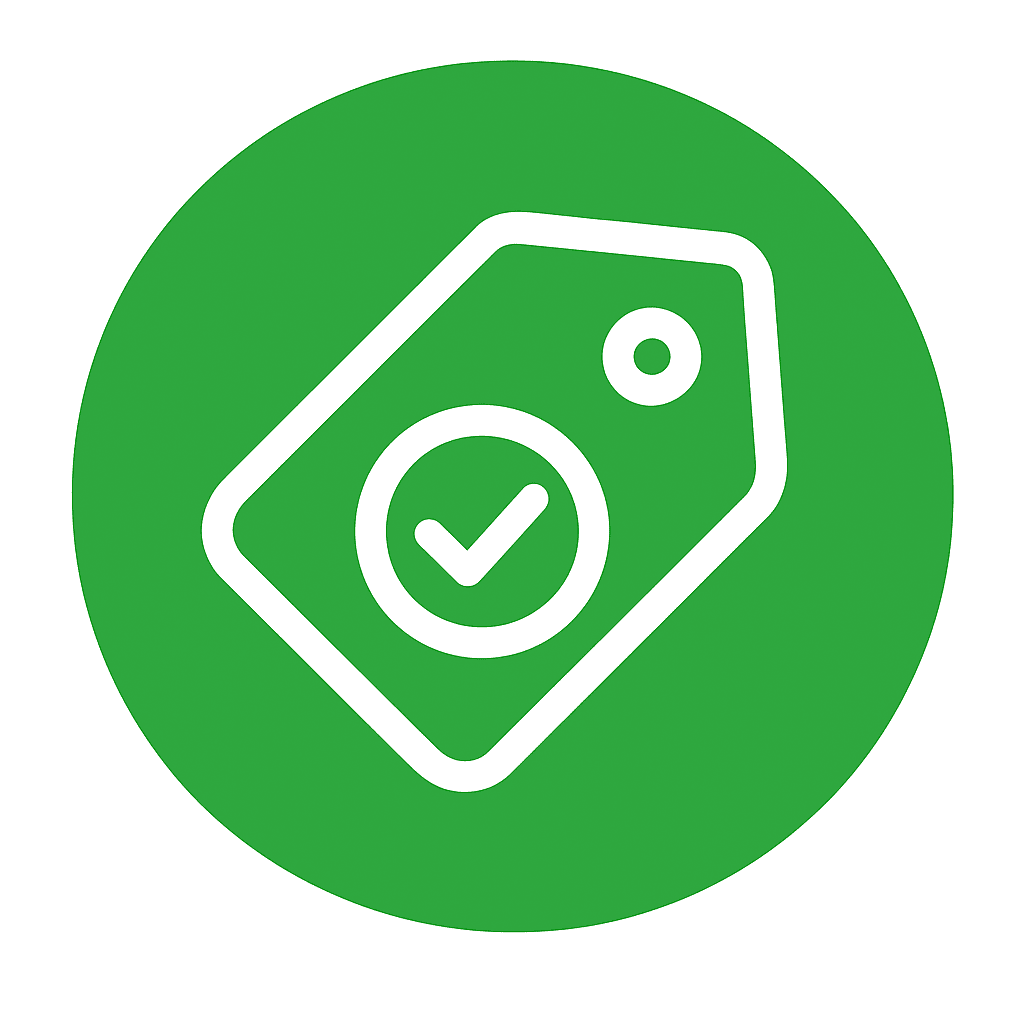 White price tag with a checkmark inside, displayed on a green circular background representing verified roadside offers and savings.