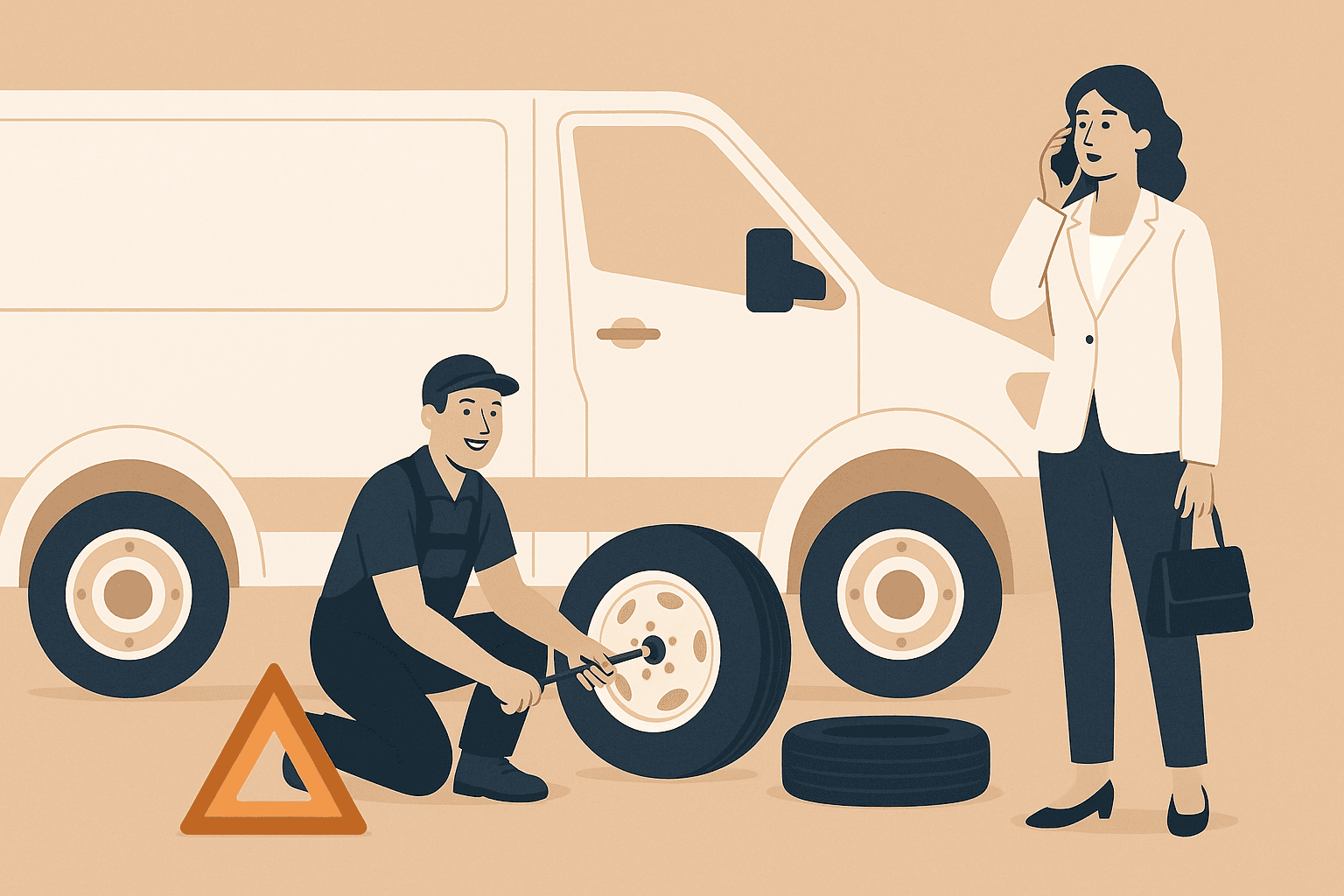 A smiling roadside technician changes the tire on a white delivery van while a businesswoman in a white blazer stands nearby on her phone, set against a warm beige background, representing professional roadside support for business vehicles.