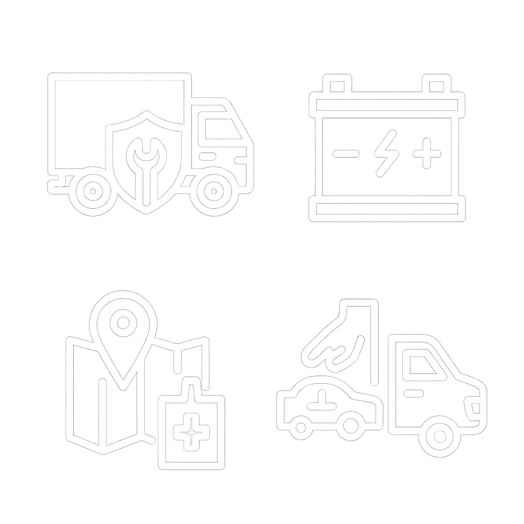 White vector icons representing the Business Roadside Product Center arranged in a 2x2 grid — a truck with a wrench and shield for fleet protection, a car battery for power assistance, a map with a location pin for navigation support, and a tow truck for vehicle recovery — displayed on a transparent background in a clean, minimal outlined style.